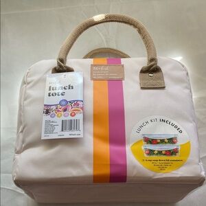 Fit + Fresh Bloomington Lunch Bag Kit beige with pink orange stripes insulated